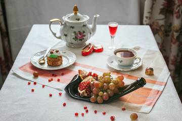 Decoration of the table. Serving dishes. Eating in beautiful dishes. Russian feast