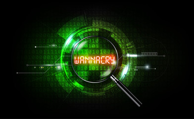 The wannacry attack is among green binary code and ransomware, virus computer search concept, technology background, vector illustration