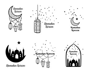 Ramadan Kareem greeting card, banner, poster, logo with lantern, crescent, moon and star elements. Vector arabic background in islamic style