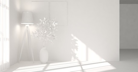 White empty room with lamp. Scandinavian interior design. 3D illustration