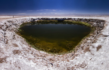 black mountain lake surrounded by salty surface in atacama