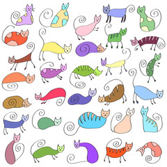 Naklejka premium Set of odd funny colored primitive style cats.