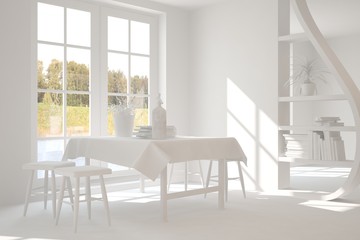 White dinner room with green landscape in window. Scandinavian interior design. 3D illustration