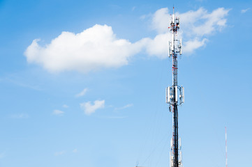 Radio transmitters,Cell phone antenna and communication towers with blue sky background