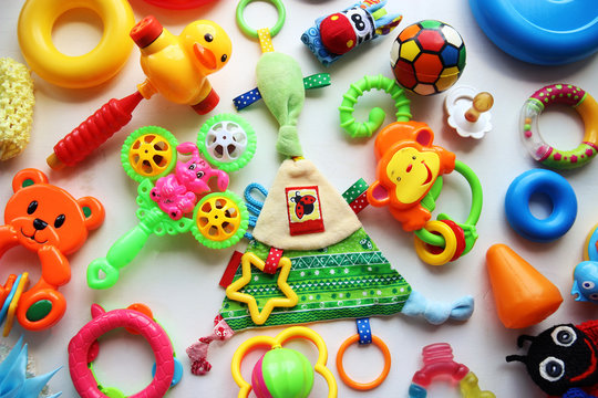 Children's toys and accessorieson a White background.view from above
