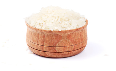 rice on wood bowl isolated on white background