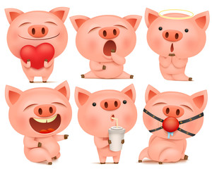 Set of cute pig cartoon characters in various poses.