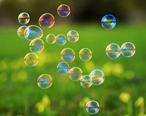 bright festive background with flying shiny soap bubbles on green meadow