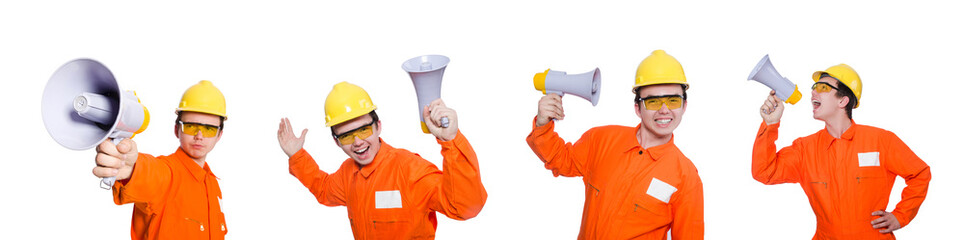 Builder with loudspeaker isolated on white