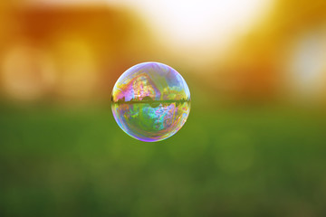 bright transparent soap bubble with a shimmering flying over a Sunny summer meadow