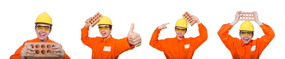 Man with brick isolated on white