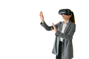 Woman with glasses of virtual reality. Future technology concept. Modern imaging technology. On a...
