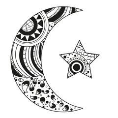 Zentangle moon and star with abstract patterns on isolation background. Design for spiritual relaxation for adults. Line art creation. Black and white illustration for anti stress colouring page. 