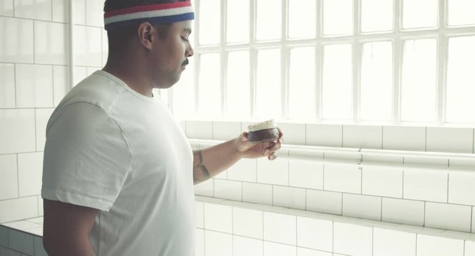 Man celebrating his weight.