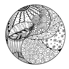 Zendala. Zentangle. Hand drawn circle mandala with abstract patterns on isolation background. Design for spiritual relaxation for adults. Line art creation. Black and white illustration for coloring.