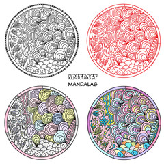 Set. Zendala. Zentangle. Hand drawn circle mandala with abstract patterns on isolation background. Design for spiritual relaxation for adults. Line art. Black and white illustration for coloring.