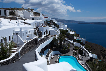 Landscape of famous Greek village Oia at Santorin Island with view to the caldera 