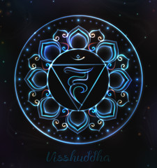 VECTOR Chakra symbol for Meditation. Esoteric illustration Chakra Visshuddha in blue  color