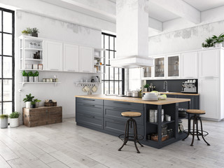 modern nordic kitchen in loft apartment. 3D rendering