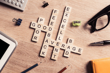 Conceptual business keywords on table with elements of game maki