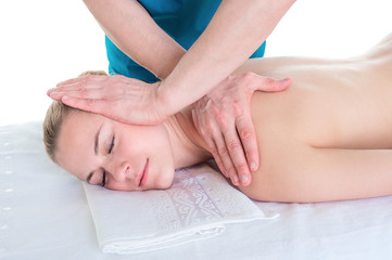 Obraz na płótnie Canvas Woman receiving neck massage in medical office