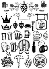 Set of design elements for beer labels. Beer mugs, hops, barrels. Vector illustration