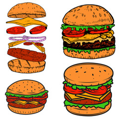 Set of burger illustrations. Design elements for poster,menu, label, badge, sign. Vector illustration
