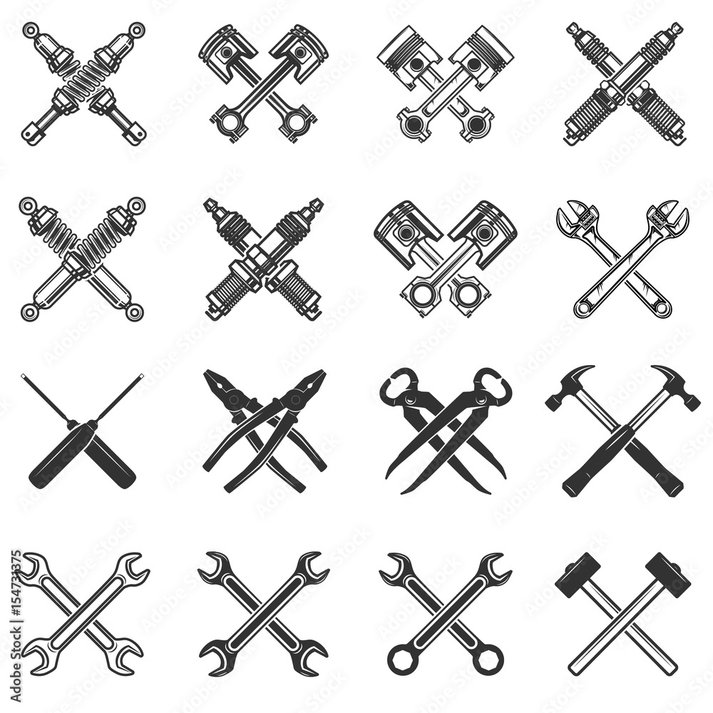 Wall mural Set of the crossed tools and car parts. Design elements for logo, label, emblem, sign, badge. Vector illustration