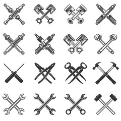Set of the crossed tools and car parts. Design elements for logo, label, emblem, sign, badge. Vector illustration