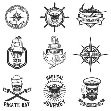 set of nautical emblems. Design elements for logo, label, emblem, sign, badge. Vector illustration