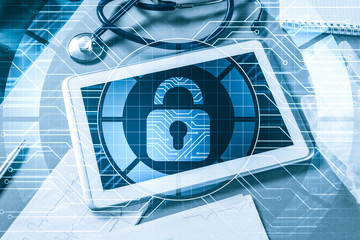 Top view of doctor workplace with tablet pc and medicine tools o