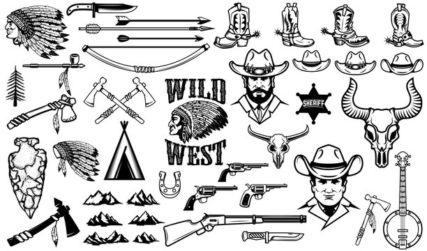 Big set of wild west icons.Cowboys, indians, vintage weapon. Design elements for logo, label, emblem, sign, badge. Vector illustration