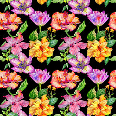 Fototapeta na wymiar Wildflower hibiscus flower pattern in a watercolor style isolated.