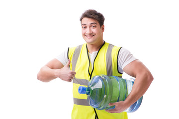 Man delivering water bottle isolated on white