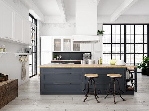modern nordic kitchen in loft apartment. 3D rendering