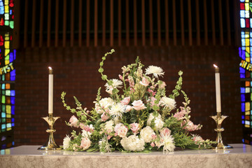 Pink, White, and Green Church Wedding Altar Flowers
