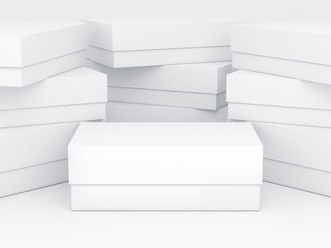 White Shoe Box Packaging Mockup, Stack Of Boxes For Branding, 3d Rendering