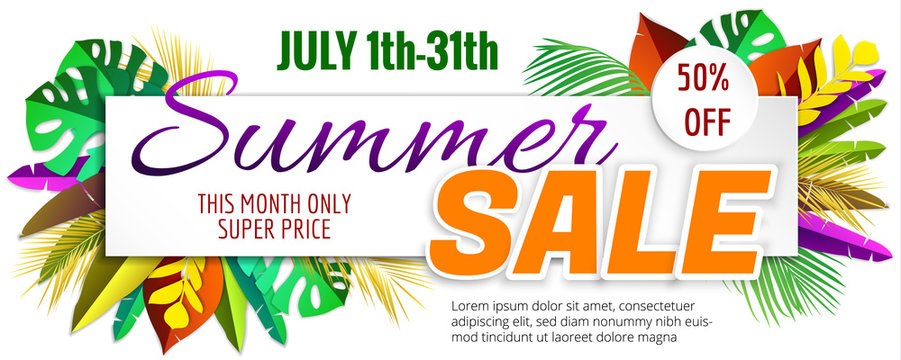 Summer hot sale poster with beautiful, bright tropical leaves. A large summer sale poster, advertising, booklet. Vector illustration with isolated design elements