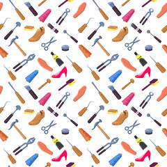 Shoemaker or cobbler tools set seamless pattern including carpenter repair instruments, boots, sewing machine, glue, threads, brushes, awl, chisel
