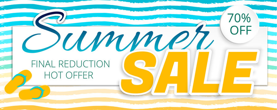 Summer sale advertising poster in a maritime color. Striped background. Vector illustration with isolated elements
