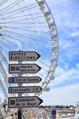 Road signs showing directions to landmarks and tourist destinations in Marseille in France