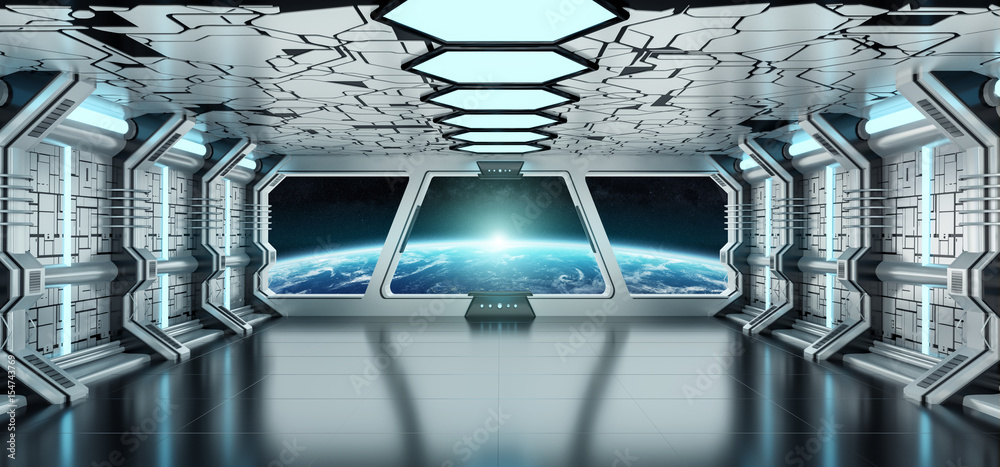 Aufkleber Spaceship interior with view on the planet Earth 3D rendering elements of this image furnished by NASA