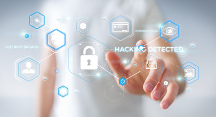 Businessman using antivirus to block a cyber attack 3D rendering