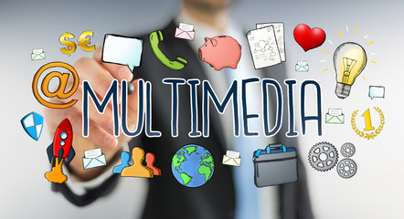 Businessman drawing hand-drawn multimedia technology presentation