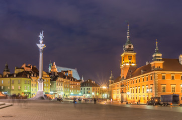 Naklejka na ściany i meble Warsaw, Poland, panorama of old city with royal castle and king Sigismund statue