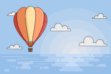 Obraz premium Hot air balloon in blue sky with clouds under the sea for travel agency, motivation, business development, greeting card, banner