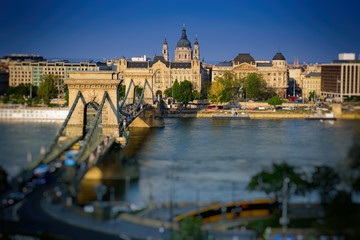 Danube embankment of Pest,with the Gresham Palace, today Four Seasons Hotel, Sofitel Hotel, and the St. Stephen Basilica. Budapest, Hungary, Europe