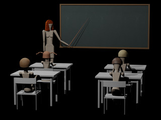 Lehrerin vor einer Schreibtafel mit dem Zeigestock in der Hand (Tafel blank)