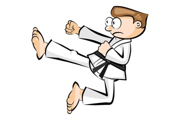 Karate man in a kimono hits foot