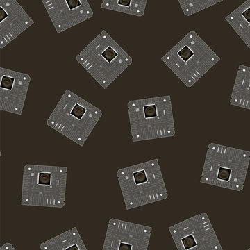 Grey Circuit Board Seamless Pattern Isolated On Dark Background. Part Of Computer